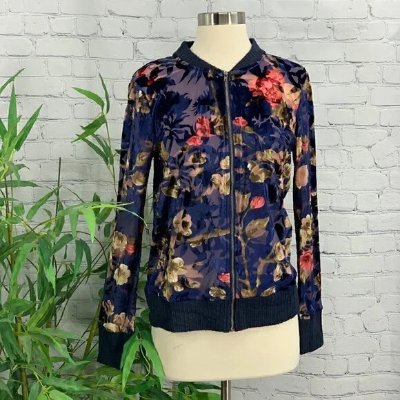 Mystree Navy Blue w/ Floral Velvet Bomber Jacket - Picture 8 of 8